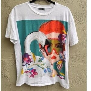 Zara Womens White Graphic T-Shirt Swan Floral Avant Garde Artsy Statement